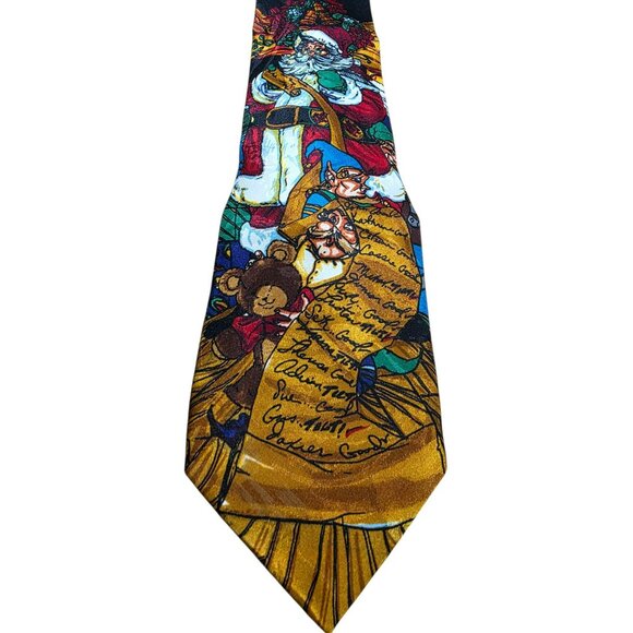VTG Santa Claus Christmas Neck Tie Toys Elves Naughty Nice List Andaloro Korea - Picture 2 of 7